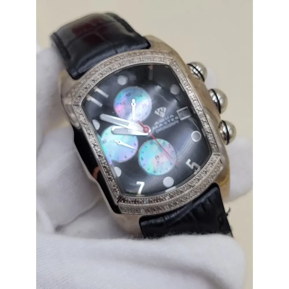Aqua Master Men's Chronograph Diamond Watch Tonneau Case MOP Sub-Dials, Black